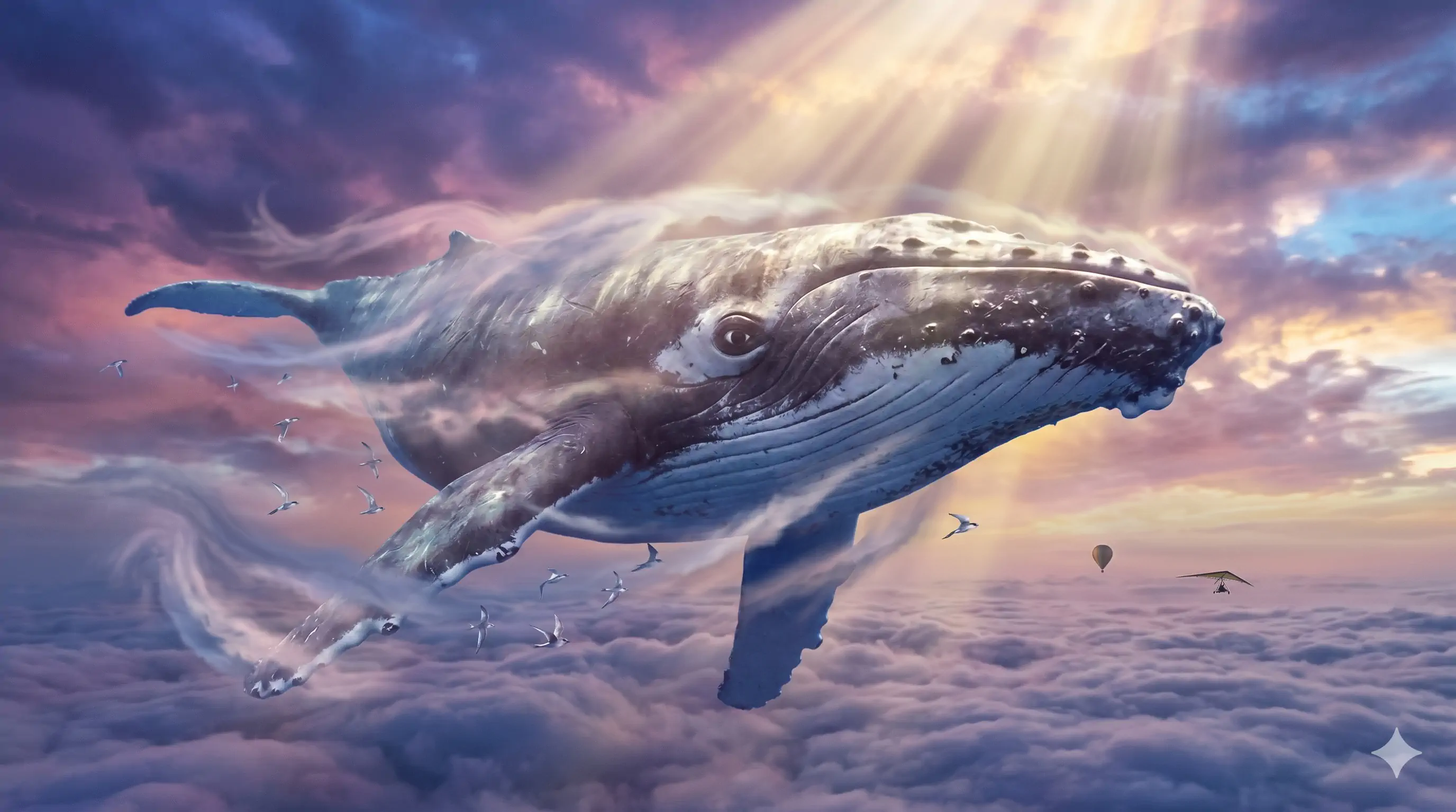 Hope schwebt durch die Wolken im Himmel